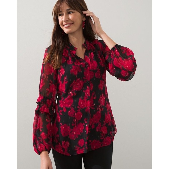 NWT Chicos Lurex Ikat Jacquard Ruffle Blouse Sz 2.5 (14) Red Rose Sheer‎ Office - Picture 1 of 12